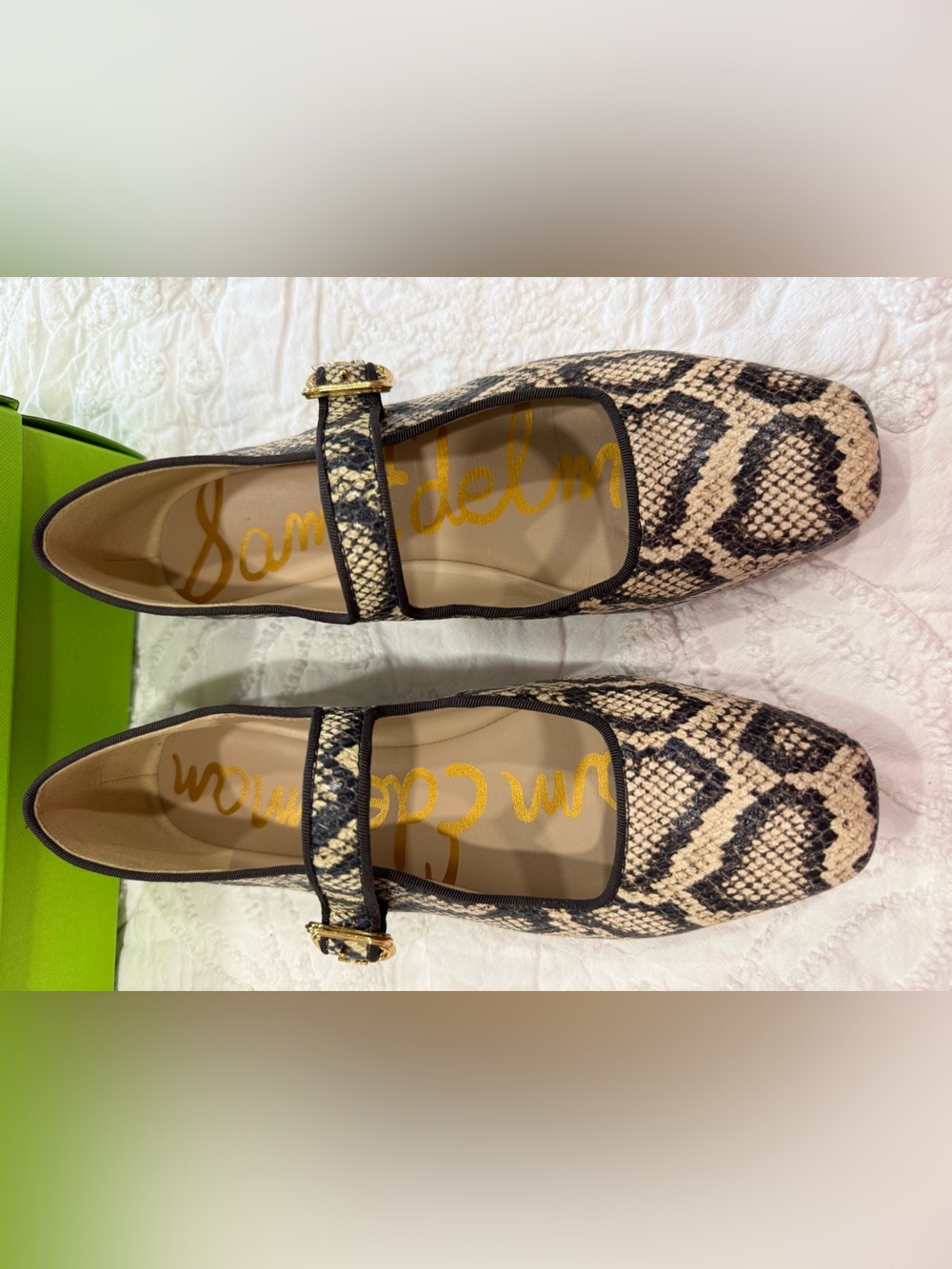Sam Edelman Snake-Print Mary Jane Flats in Beige and Black